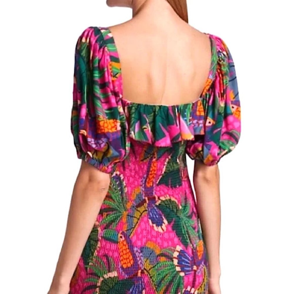 NWT Farm Rio Pink Painted Toucans Smocked Mini Dress w/Puff Sleeves, Square Neck - Picture 4 of 6